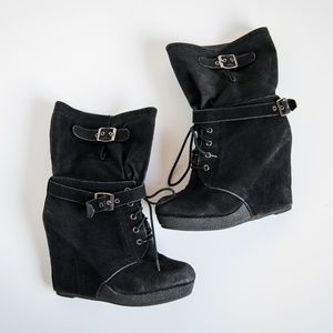 BAKERS Black Suede Ankle Wedge Buckle Booties